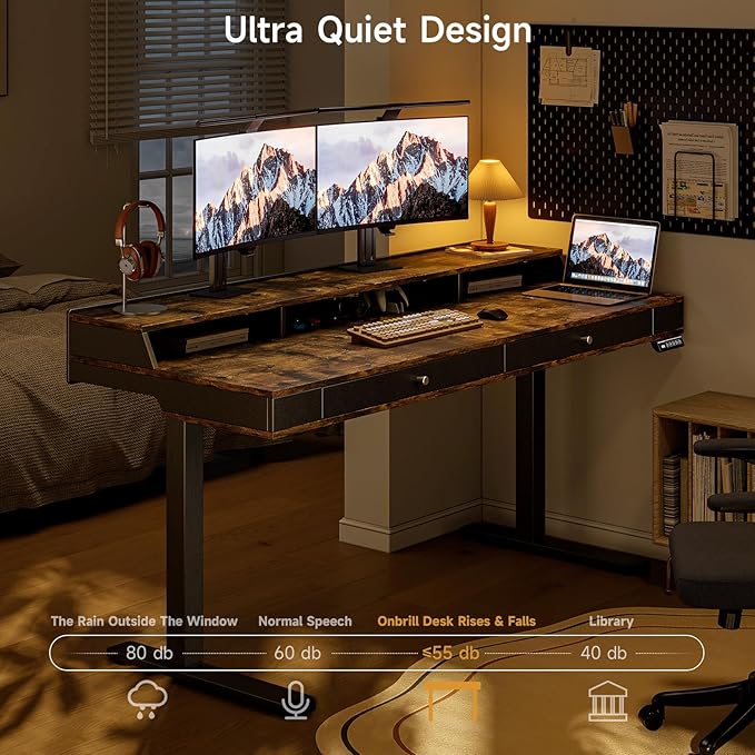 Standing Desk with Drawers, 47x23.6" Whole Piece Electric Stand Up Desk with Storage Shelf and Memory Controller, Sit Stand Desk Adjustable Height from 28-46" for Computer Workstation, Rustic Brown