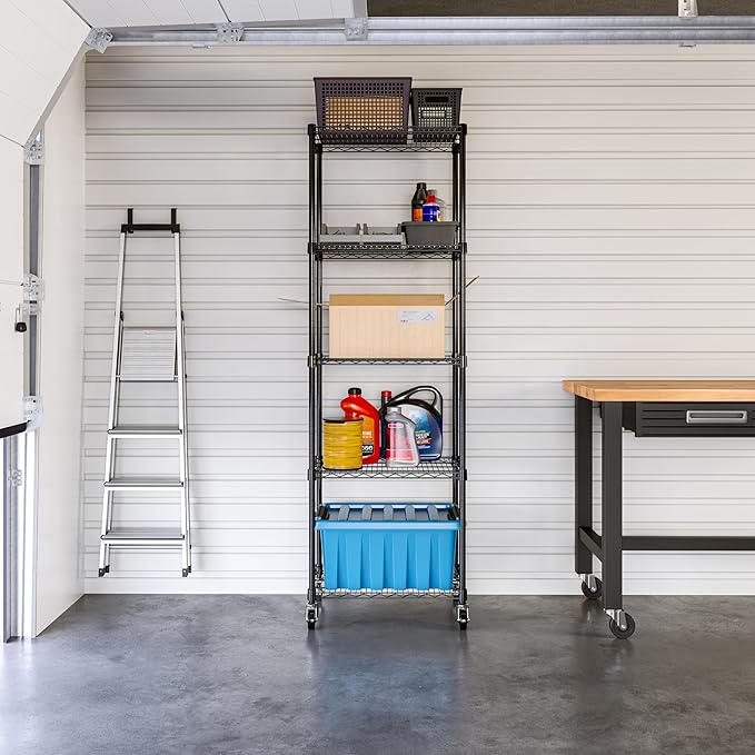 Seville Classics UltraDurable Heavy Duty NSF Solid Steel Wire Rack Storage Unit, Organizer for Garage, Warehouse, Office, Restaurant, Classroom, Kitchen, Black, 5-Tier Shelving, 24" W x 18" D