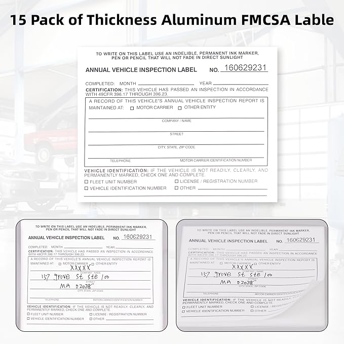 15-Pack Annual Vehicle Inspection Report Form, 3-Ply Carbonless Form and Hardboard, Includes 15-Pk 2-Ply FMCSA Vinyl Adhesive Label for Annual Inspections, DOT Compliant