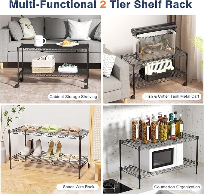 VANZBON 2-Tier Wire Shelving Unit,36" Wx18 Dx19.5 H,Wire Shelves Rack with Lockable Wheels,2 Shelf Height Adjustable Metal Storage for Living Room,Kitchen,Pantry,Closet,Office,Laundry