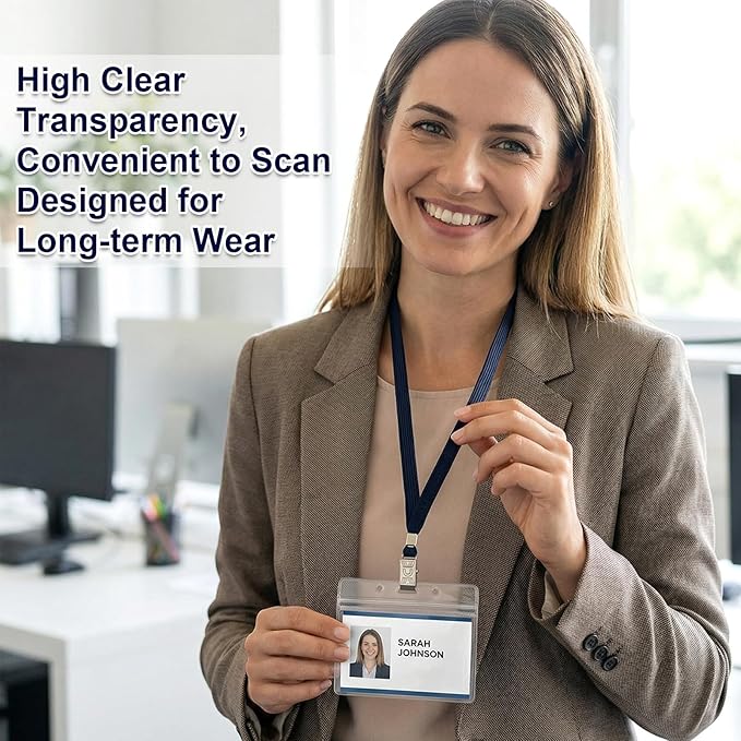 Marspark 200 Sets Clear Name Tags with Lanyard, Lanyards for ID Badges Reusable Strap with ID Holder Plastic Name Badges for Adults Business School Church Conference (Dark Blue)