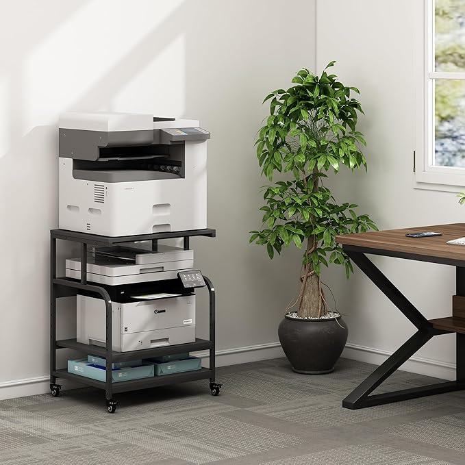 Fannova Printer Stand, 23.6 x18.9 x 30 Inches Large Printer Table with Adjustable Storage Shelf, 3 Tier Rolling Printer Cart with Wheels for Home Office, Stand for Heat Press Mini Fridge, Black