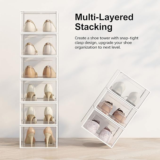 SEE SRPING XX-Large Shoe Storage Box Fit Size 14, Clear Plastic Stackable Shoe Organizer for Closet, Shoe Rack Sneaker Containers Bins Holders, Drawer Organize Unit, 12 Pack Clear