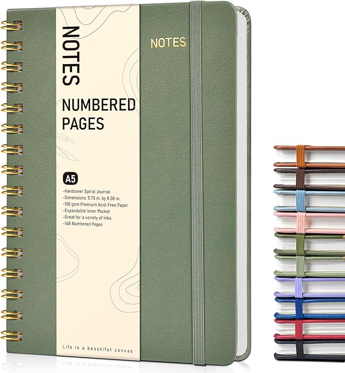 Lined Spiral Journal Notebook, A5 Hardcover Spiral Journals for Women Men, 150 Numbered Pages Spiral Bound Notebook, 100 GSM College Ruled Notebooks for Writing Note Taking 5.75" x 8.38", Sage Green