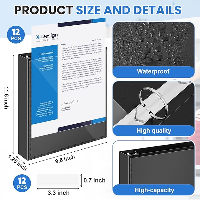 Henoyso 12 Pcs 3 Ring 1 Inch Binders Fits 8.5 x 11 Inch Letter Size Paper, Plastic Black Flexible Binders with View Cover and 2 Pockets, 175 Sheets Capacity for Office School