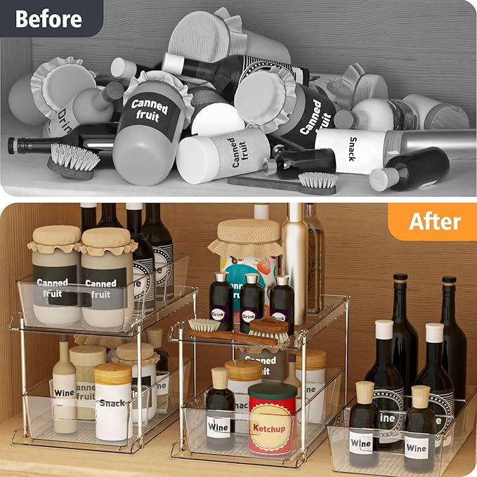 Fabspace Pull-Out Home Organizers, 2 Tier Clear Bathroom Organizer with Dividers, Multipurpose Vanity Counter Tray, Kitchen, Closet Organizers and Storage Container Bins for Cabinet, Pantry