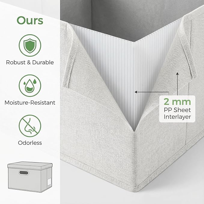PRANDOM Storage Bins with Lids [3-Pack] Linen Fabric Foldable Storage Boxes Organizer Containers Baskets Cube with Cover for Bedroom Closet Office Beige（11.4X8.6X6.7