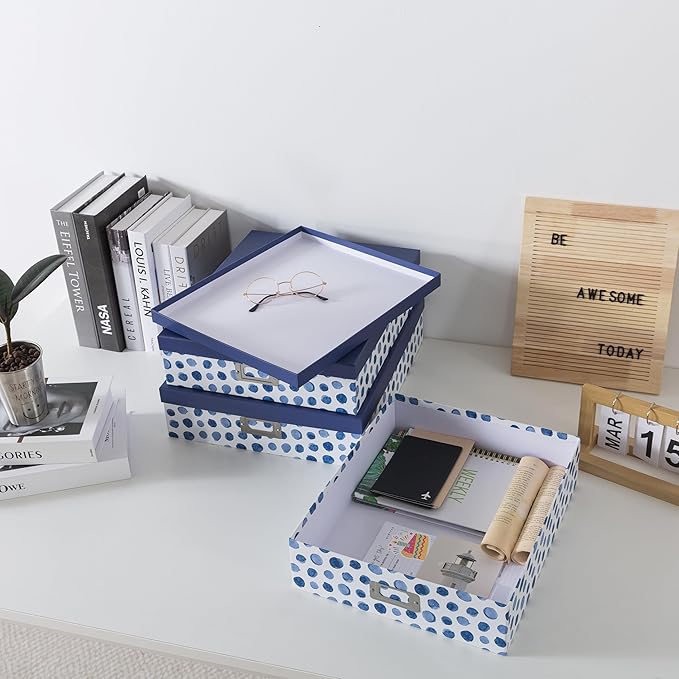 Soul & Lane Blue Spots Decorative Storage Boxes with Lids, Set of 3 Memory Boxes for Keepsakes, Nesting Letter Cardboard Document Storage for Organizing, Photos, Scrapbook
