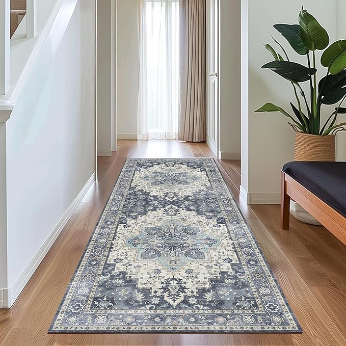 GENIMO 2'6"x10 Runner Rugs for Hallway, Machine Washable Non Slip Vintage Rugs, Low Pile Lightweight Soft Print Rug for enrtyway, Corridor, Home Office, Kitchen, Center Blue
