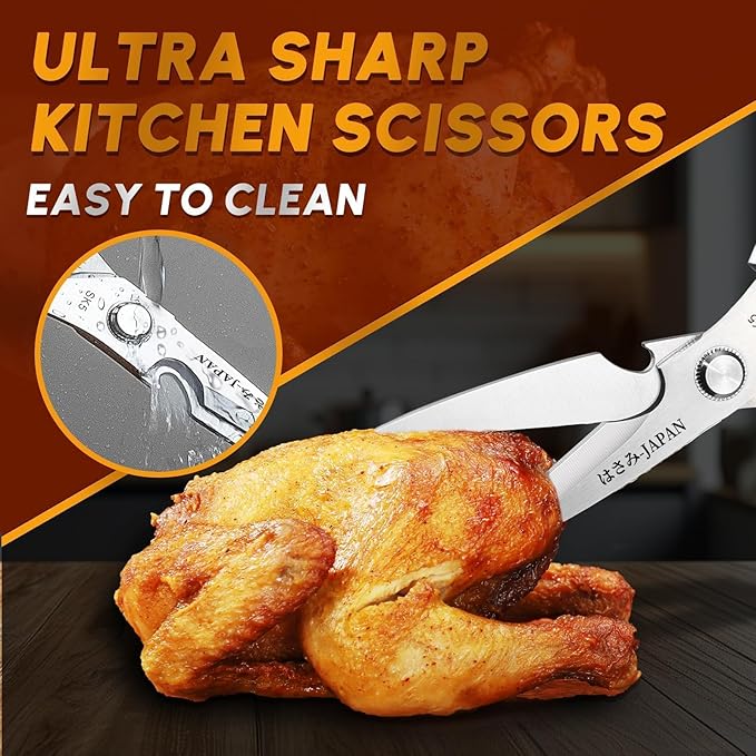 HUUSK Kitchen Scissors Set - Stainless Steel Kitchen Shear, Sharp Meat Scissors Dishwasher Safe, Heavy Duty Poultry Shears, Japanese Cooking Scissor for Food, Chicken Bones, Christmas Gift for Men