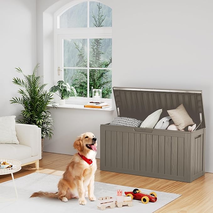 Decksplore Outdoor Storage Box Waterproof, Lockable Resin 80 Gallon Deck Box Patio Storage Bin for Pool Accessories Cushion Furniture, Garden Tools, UV-Resistant Outside Delivery, Grey