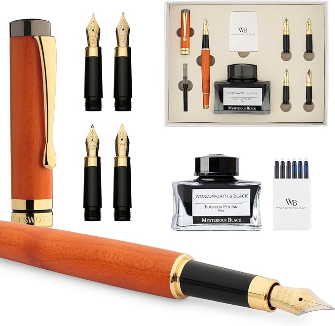 Wordsworth & Black Fountain Pen Gift Set, Includes Ink Bottle, 6 Ink Cartridges, Ink Refill Converter, 4 Replacement Nibs, Luxury Bamboo, Journaling, Calligraphy, Smooth Writing Pens [Cherry Wood]