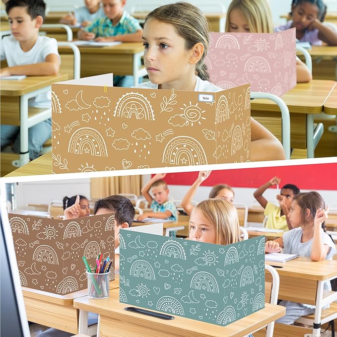 Cinrobiye 24 Pcs Boho Privacy Folders Standard for Students Cardboard Shields Test Privacy Boards Motivational Words Desk Dividers Shield for Classroom School Study Supplies (Boho)