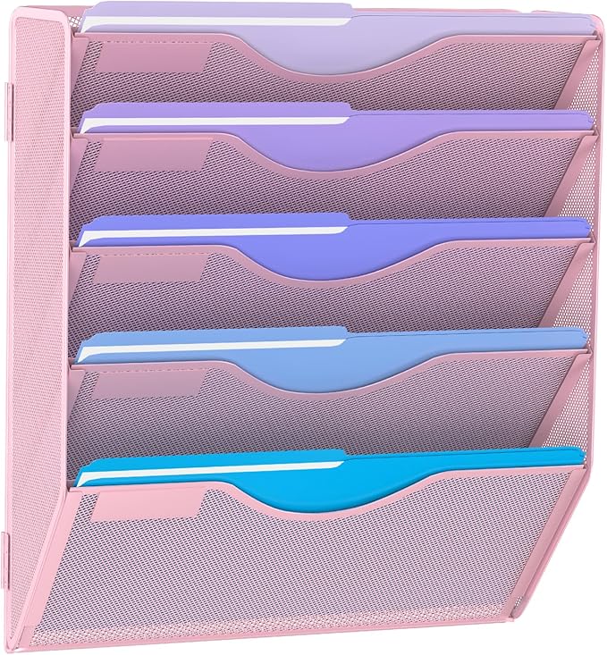 Gawerk 5 Tier Hanging Wall File Organizer, Mesh Mail Paper Orgnization Hanging File Folder Holder for Home Office, Pink