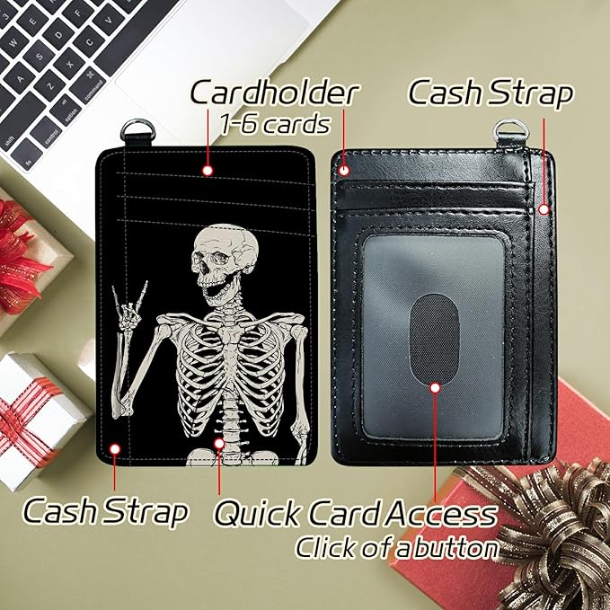 BWEGRHE Small Travel Wallets, Skull Skeleton Slim Minimalist Front Pocket Wallet with Wristlet, RFID Blocking PU Leather Credit Card Holder with ID Window Change Purse for Men Women