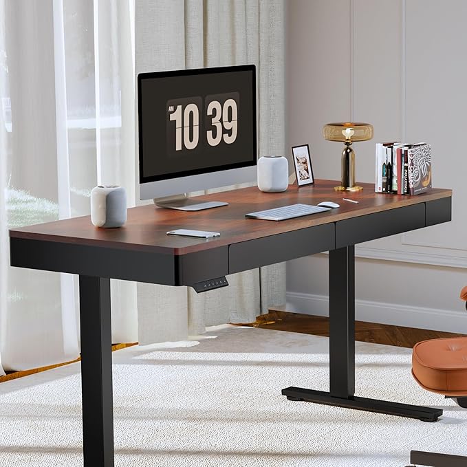 FLEXISPOT Q5 Standing Desk with Drawer, 55 x 24 Inch Whole Piece Electric Adjustable Height Stand Up Computer Workstation for Home, Office, Dark Walnut