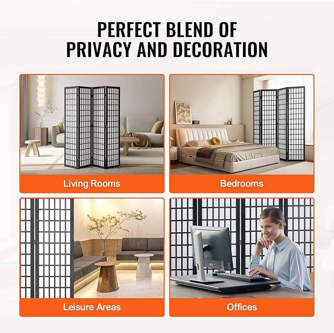 VEVOR Room Divider, 4 Panel Japanese Room Divider, Wood Folding Privacy Screen Indoor, Partition Dividers Portable Decoration Screens, for Room Separation Home Office Restaurant & Bedroom(Black)
