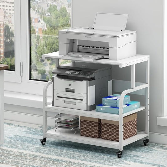 Fannova Printer Stand, 32.3" x 18.9" x 32.1" Extra Large Printer Table with Adjustable Storage Shelf, 3 Tier Rolling Printer Cart with Industrial Wheels for Home Office, White