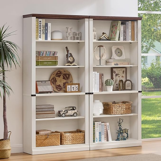 RWYHG 70" White Tall Bookshelf,5-Tier Thick Wooden Book Shelf with Adjustable Shelves,Free Standing Farmhouse Bookcase with Open Display Storage,Floor Vintage Bookshelves for Living Room,Office