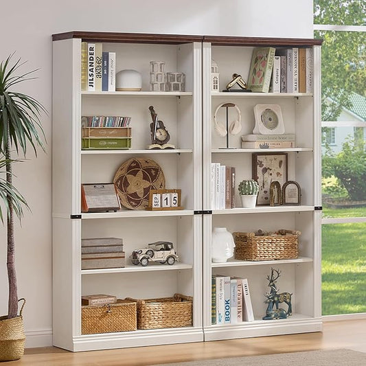 RWYHG 70" White Tall Bookshelf Set of 2,5-Tier Thick Wooden Book Shelf with Adjustable Shelves,Free Standing Farmhouse Bookcase with Open Display Storage,Floor Vintage Bookshelves for Living Room
