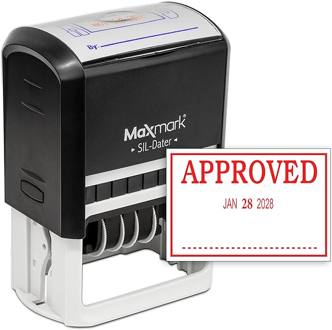 MaxMark Large Self-Inking Rubber Date Office Stamp with Approved Phrase & Date - Red Ink, 12-Year Band - Style 3