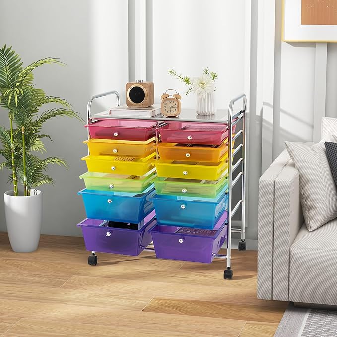 Happygrill 12-Drawer Rolling Storage Cart, Multipurpose Organizer Cart for Home Office School, Utility Cart with Wheels, (Colorful Clear)