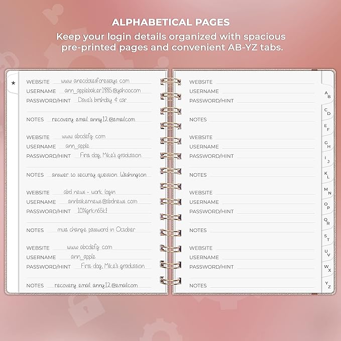 Clever Fox Password Book Spiral – Internet Address & Password Organizer with Laminated Alphabetical Tabs – Password Keeper Journal – Hardcover, Medium Size, 6.1x7.7” (Rose Gold)