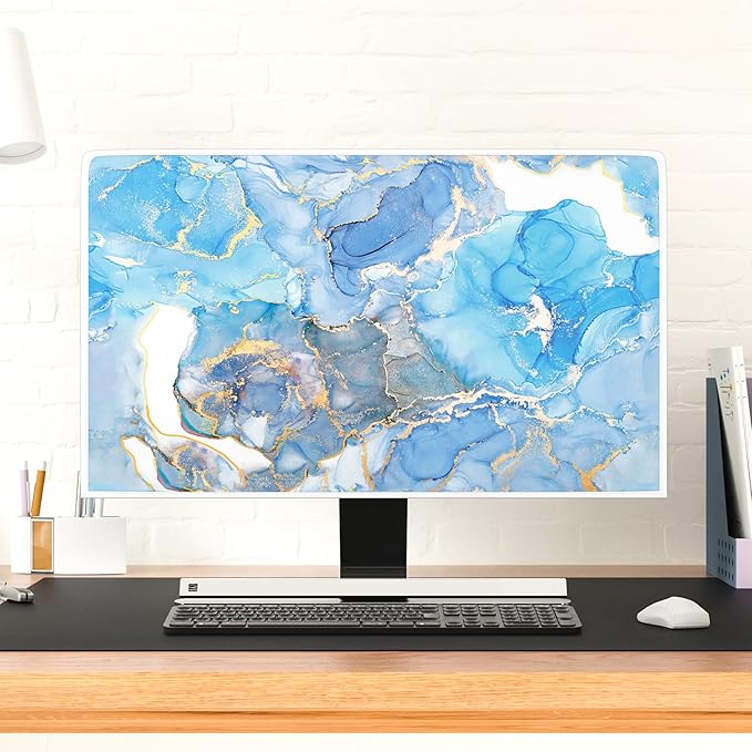 Baocicco Baby Blue Gold Marble Waterproof Screen TV Cover 55 Inch Modern Television Accessories TV LCD Fashion Weatherproof Screen TV Decorations for Tablet LED LCD OLED TVs