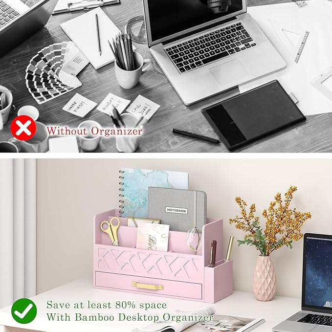 Wisuse Bamboo Desk Mail Organizer with Drawer,Wooden File Bill Sorter Storage Box for Desktop, Letter Countertop Holder for Home,Office,School Organization,Tabletop Accessories Supplies (Pink)