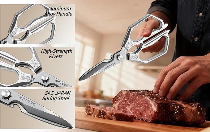 Kitchen Scissors Silver - Stainless Steel Shear, Sharp Meat Cutting Scissors Dishwasher Safe, Poultry Shears Heavy Duty, Japanese Cooking Scissor for Food, Christmas Gifts for Men Women