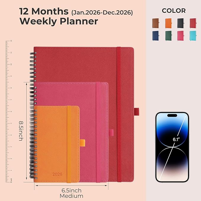IN-LUXPRO Planner 2026 Daily Weekly and Monthly,8.5"x6.5",12 Months Spiral Bound Calendar Agenda with Self-adhesive Pen Holder,2026 Appointment Book with Vegan Leather Soft Cover,Red