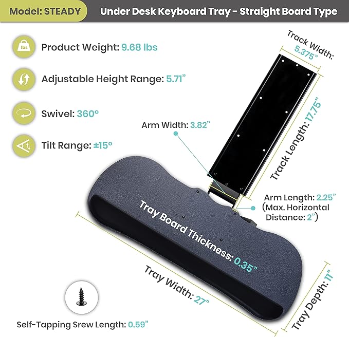 FERSGO Under Desk Keyboard Tray, 27" x 11" Tray, 17.75" Track, One Knob Control, Undermount Sliding Computer Keyboard with Wrist Rest, Adjustable Height and ±15° Tilt