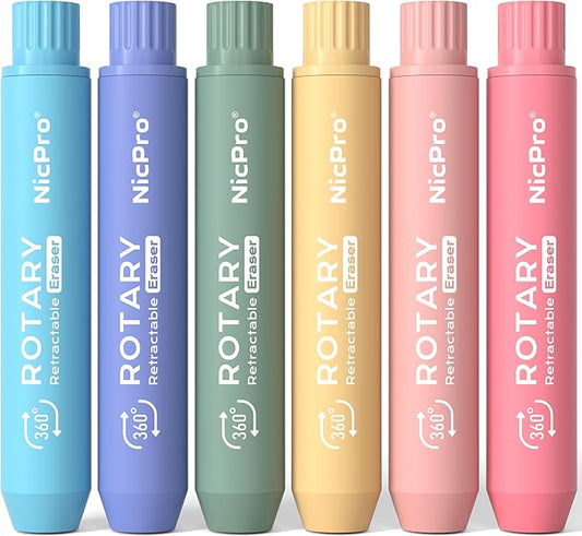 Nicpro 6 Pack Rotary Retractable Erasers, Soft TPE Twist Erasers in Cute Rainbow Colors, Clean Erasing Large Pencil Eraser for Students Kids, School Supplies, Office, Stationary, Drawing & Journaling