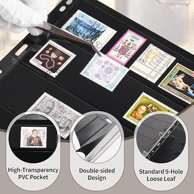 5 Sheets 10 Pages Postage Stamp Album Pages, 5 Pockets 7.7x 1.97in Stamp Collection Inserts, 9 Hole Standard Stamp Collecting Album Sleeves for Stamp Collection Binder IS010510