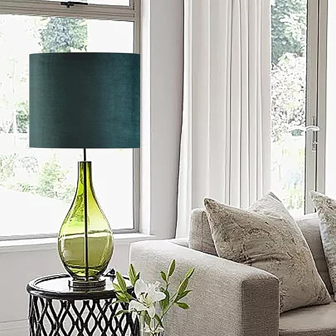 Green Velvet Lampshades Set of 2 Medium Drum Lamp Shade 13" Top x 13" Bottom x 10" High (Spider) Modern Lamp Shade - Ideal for Table & Floor Lamps - Lampshades Replacement - By GO&SO