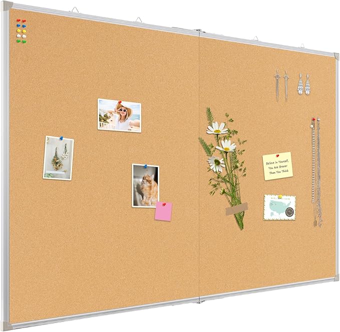 AMUSIGHT Double-Sided Large Cork Board, 60" x 36" Foldable Hanging Aluminum Framed Bulletin Board, Vision Board Pin Board Corkboards for Walls, Office, School Decor, 20 Pushpins