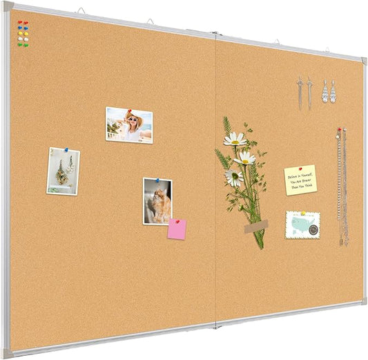 AMUSIGHT Double-Sided Large Cork Board, 60" x 36" Foldable Hanging Aluminum Framed Bulletin Board, Vision Board Pin Board Corkboards for Walls, Office, School Decor, 20 Pushpins