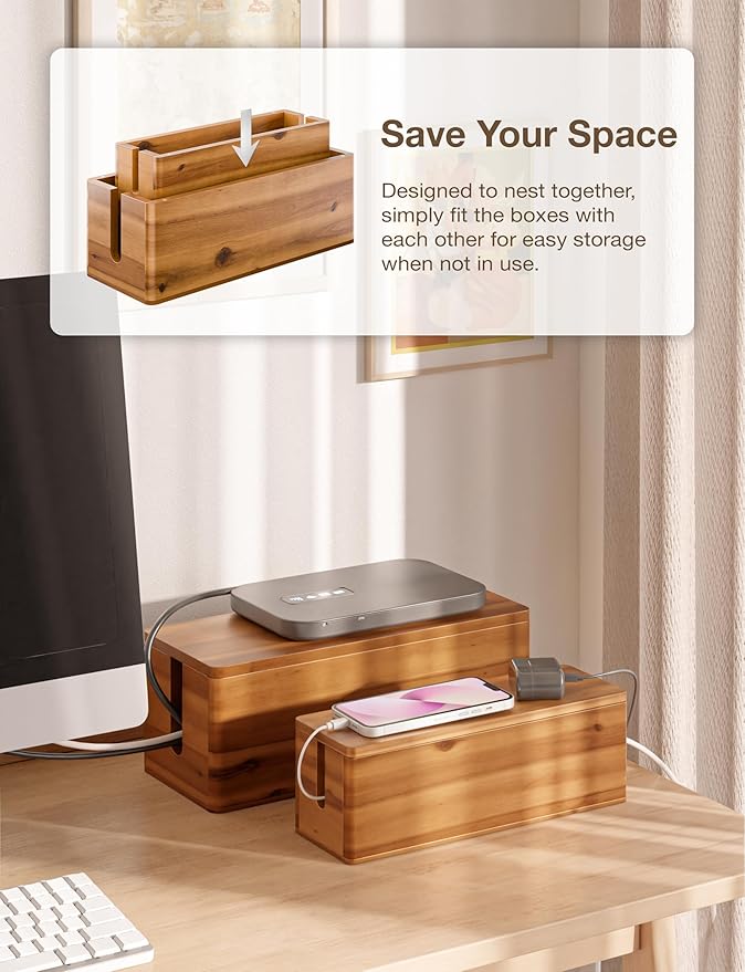 TIDITA Acacia Large Cable Management Box - Set of 2 Cord Box Hider for Home, Office - Cable Hider Box, Surge Protector Box for TV Wires, Computer - Power Strip Box with 2 Open Slots, Magnetic Lid
