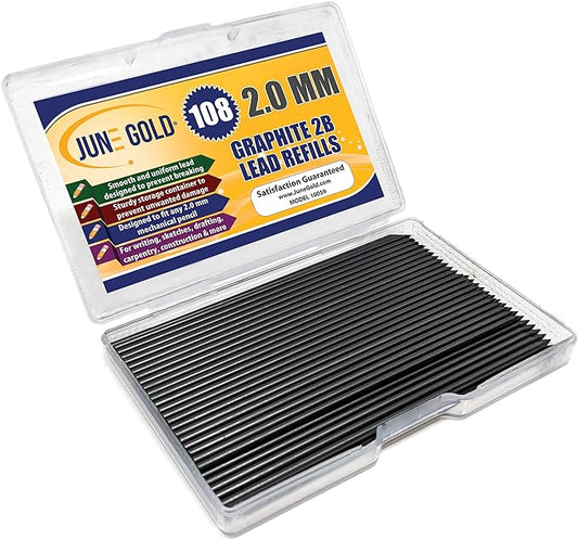 June Gold 108 Pieces, 2.0 mm 2B Lead Refills, 90 mm Length, Extra Bold Thickness, Break Resistant Lead/Graphite