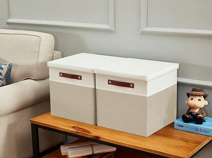 DECOMOMO Storage Basket with Lid, Storage Cubes with Handles, Fabric Box with Lid (Beige and White, 11” / 3 Pack)