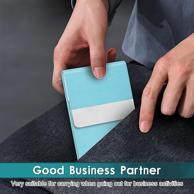 DMFLY Business Card Holder, Pocket Business Card Case, Slim Card Holders for Men or Women, PU Leather Business Card Carrier Metal RFID Blocking Name Card Holder with Magnetic Clasp