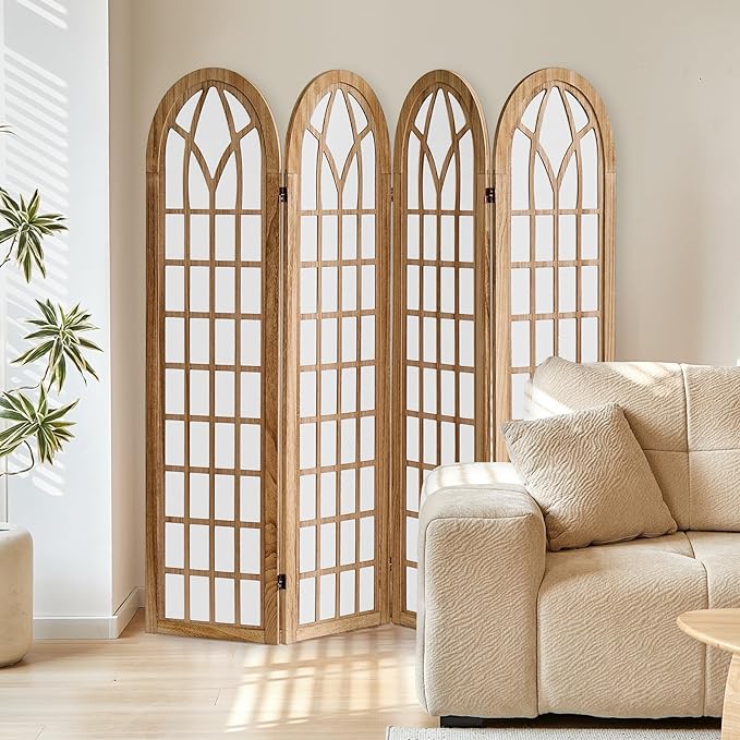 Asnefeli 4 Panel Japanese Room Divider, Shoji Style Partition Divider, Fully Assembled Wooden Privacy Screen for Home Office Bedroom Apartment Decoration, Natual