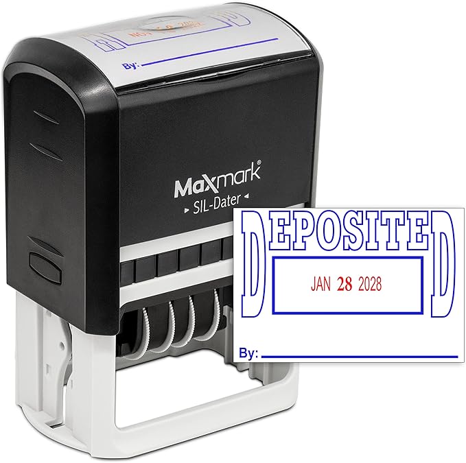 MaxMark Large Self-Inking Rubber Date Office Stamp with Deposited Phrase & Date - Blue/Red Ink, 12-Year Band - Style 5