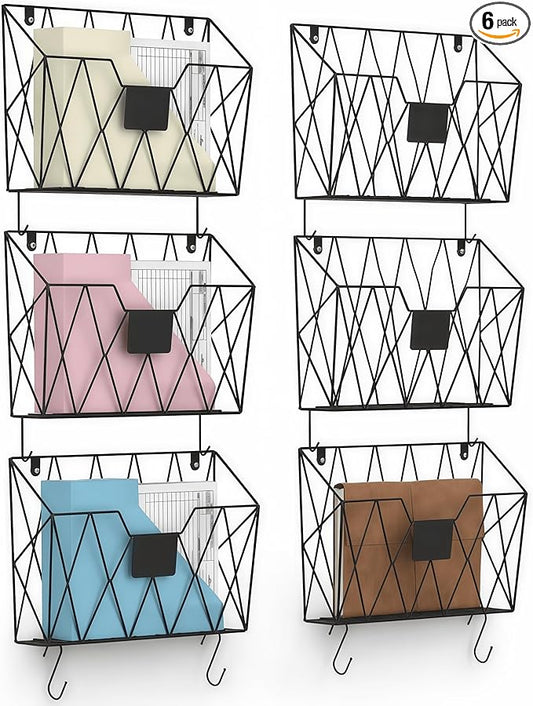 CADUKE 6 Pack Wall File Organizer, Metal Hanging Folder Holder Mail Magazine Organizer Wall Mounted with Hooks & Label Panels for Office Home, Black