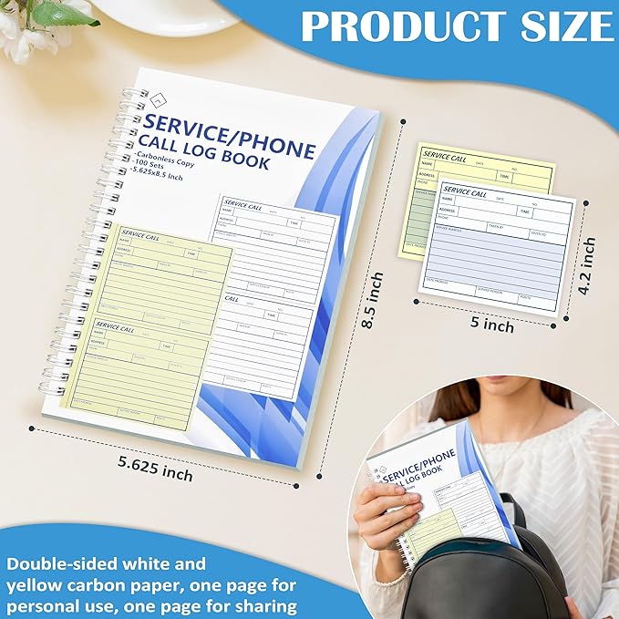 300 Sets Service Call Log Book 5 5/8 x 8 1/2" 2 Part Carbonless 2 Message Sets per Page Phone Call Log Book Phone Message Book Invoice Receipt Book for Repair Service (3)