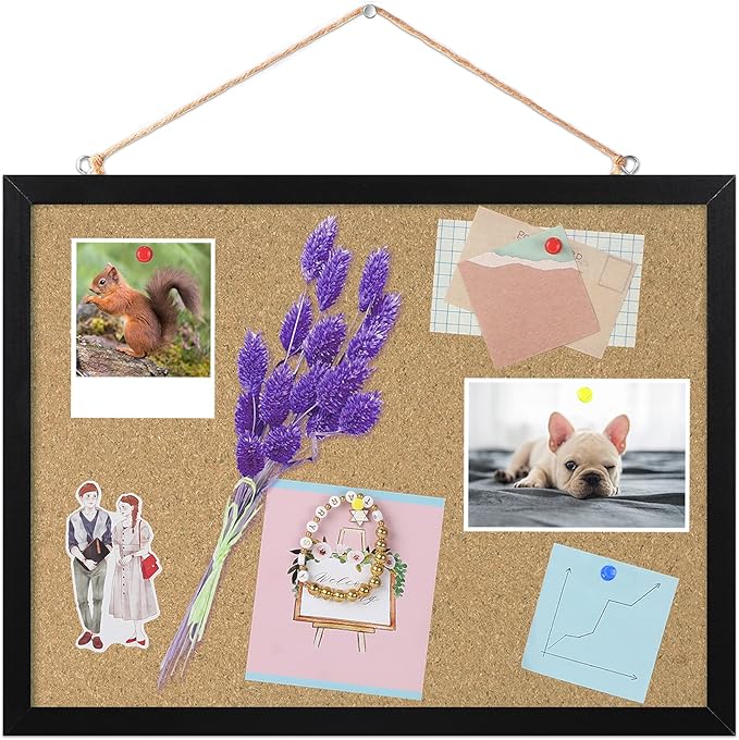 FEBSNOW Cork Board Bulletin Board 15.7 x 12 Inches with Rectangle Black Frame Hanging Pin for Office Home Message Board or Vision Board Decoration