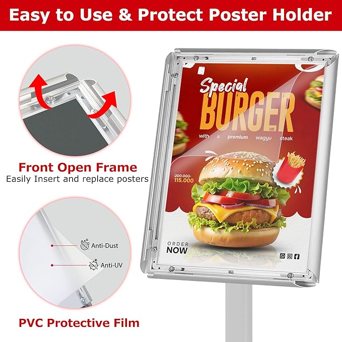 VAIIGO Heavy Duty Standing Sign Holder 11x17 Inch - Pedestal Floor Sign Stand with Weighted Base - Vertical & Horizontal View Poster/Menu Holder for Indoor/Outdoor Business Store Advertising, Silver