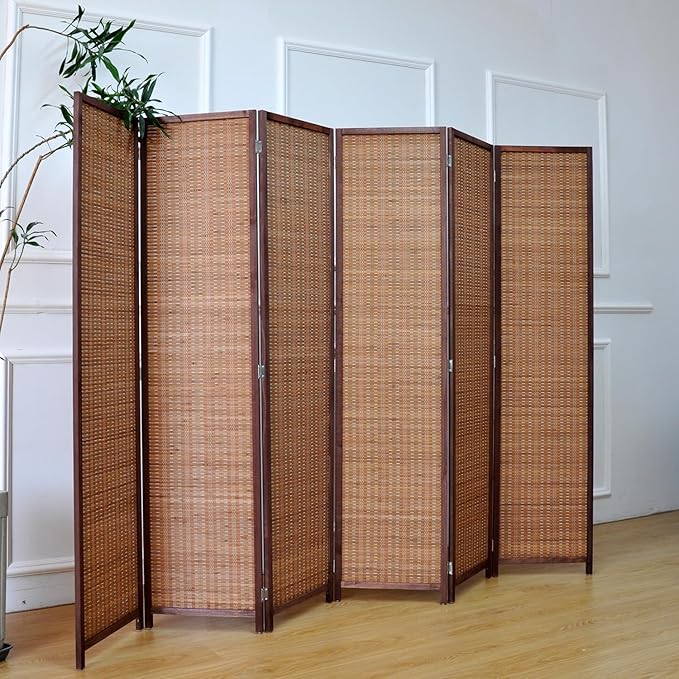 Furnnylane 6 Panel Bamboo Room Divider and Folding Panel Screen,Bamboo Panel Divider for Room Separation,Brown,67" H x 92.1" W