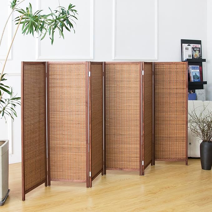 Furnnylane 6 Panel Short Room Divider Screen,Brown Freestanding Partition,Small Bamboo Panel Divider for Room Seperation,3.95 FT Tall