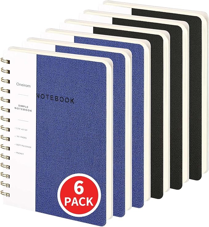 Spiral Notebook-5.75" x 8.125" College Ruled Journal with Inner Pockets and 160 Pages,PU Leather Cover Business Journal, Twin-Wire Binding Notebook Perfect for Office & Home School Supplies 6 pack Black/NavyBlue
